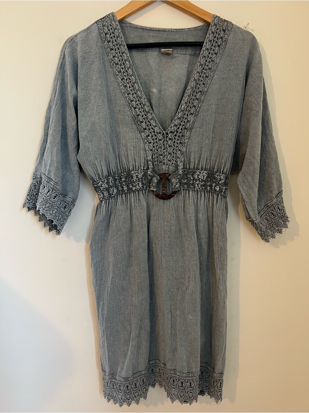 V-Neck Crochet Trim Tunic Dress in Washed Light Blue/Grey